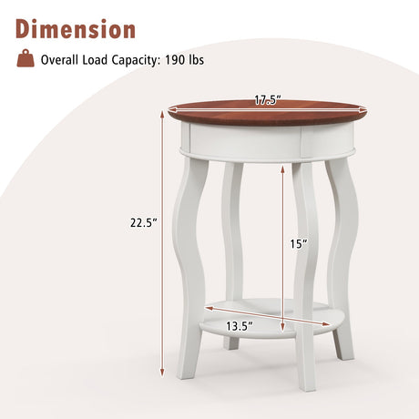 Mesa auxiliar redonda de 2 niveles con estante de almacenamiento y patas de madera de caucho maciza - Nogal y blanco