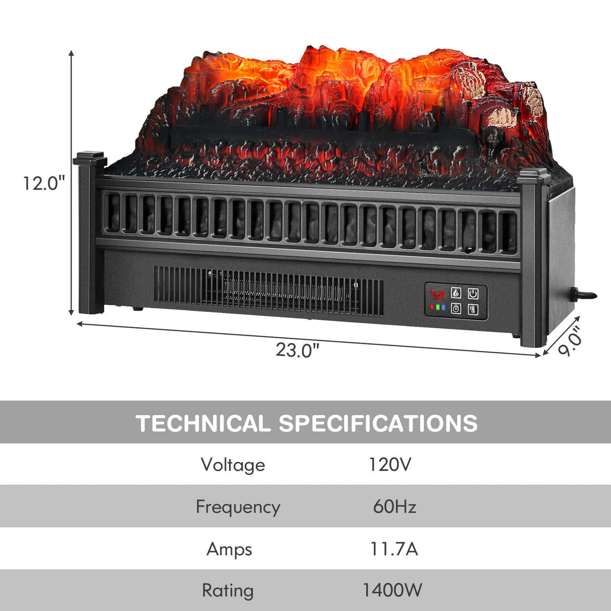 Calefactor de leña eléctrico de 1400 W con brillo de llama ajustable - Negro