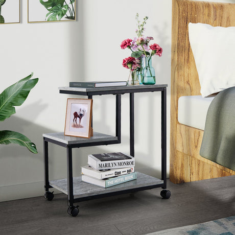 Mesa auxiliar de 3 niveles con almacenamiento y ruedas universales para sala de estar y dormitorio-Negro