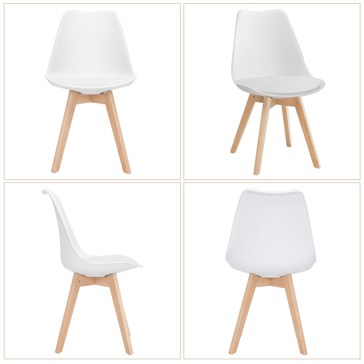 Juego de 4 sillas de comedor modernas de mediados de siglo con asiento de PU de carcasa y patas de madera