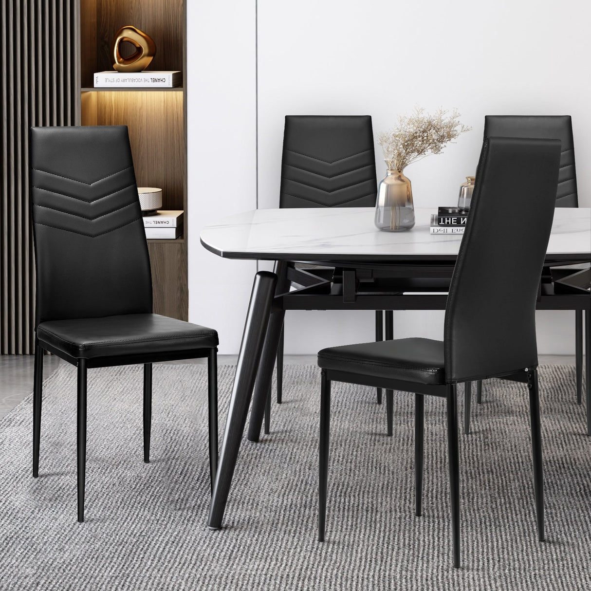 Juego de 4 sillas de comedor de respaldo alto con cuero de PVC y almohadillas antideslizantes para los pies