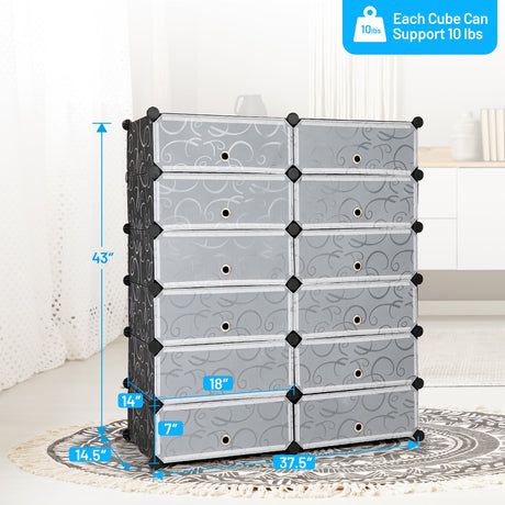 Zapatero portátil de plástico de 12 cubos DIY con puertas transparentes