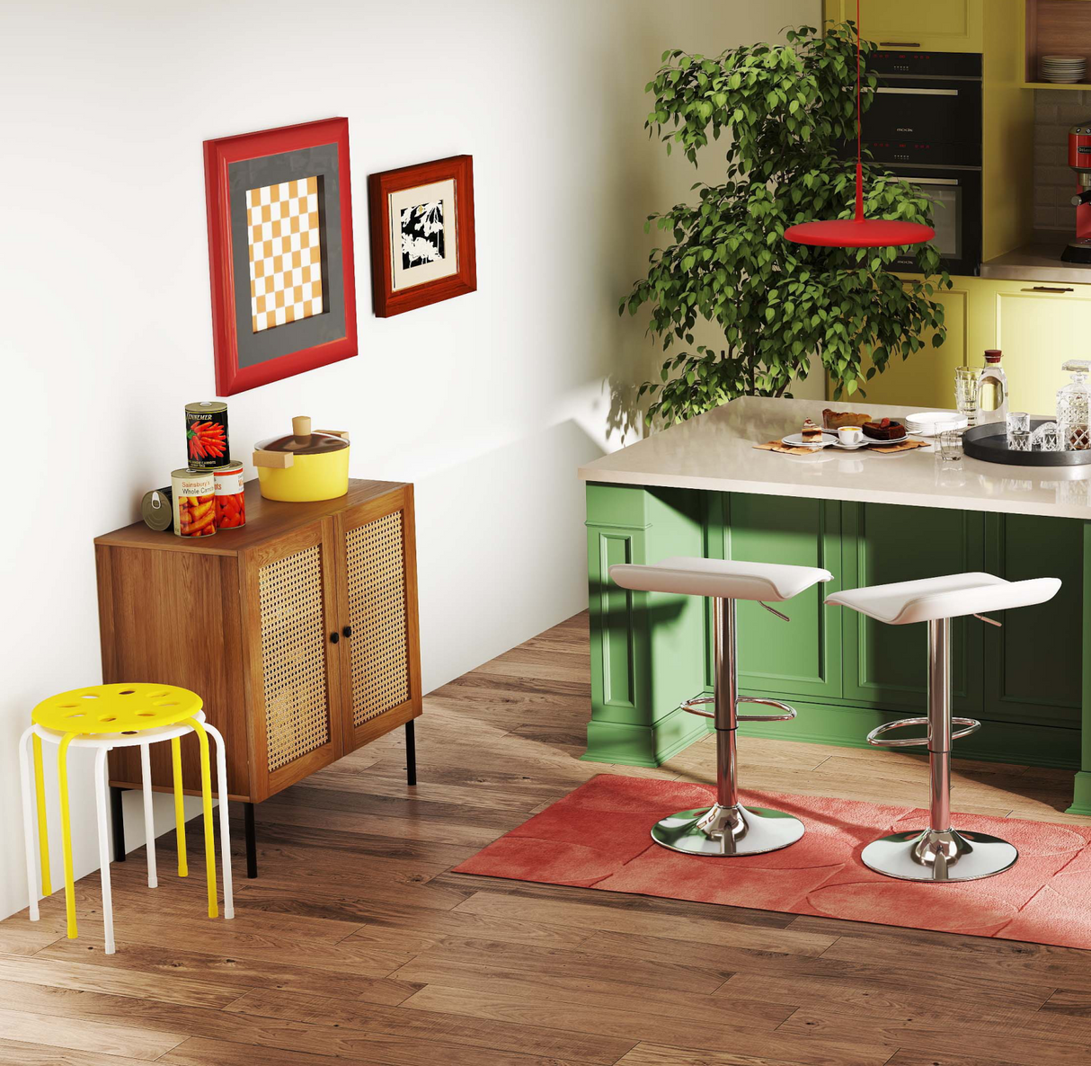 Paquete de 5 piezas para cocina y comedor: Taburetes de bar ajustables (juego de 2) + Taburetes apilables (juego de 6) + Aparador de almacenamiento de ratán