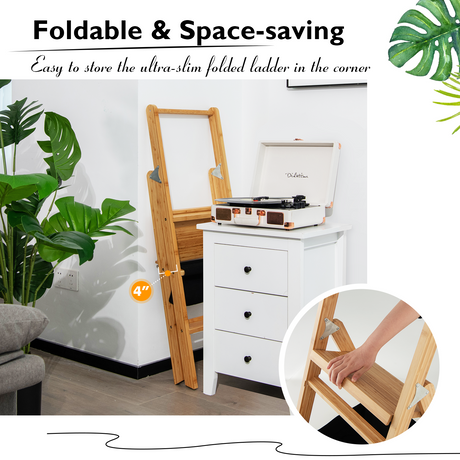 Taburete escalera plegable de bambú de 3 peldaños con bolsa de almacenamiento de herramientas - Natural