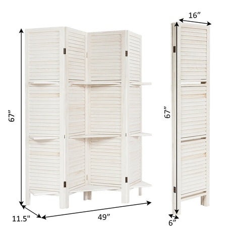 4 Panel Folding Room Divider Screen with 3 Display Shelves