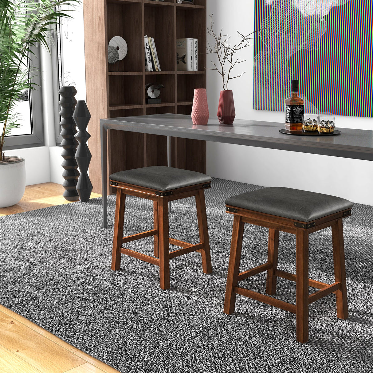 Set of 2 24/30 Inch Dining Bar Stool with Rubber Wood