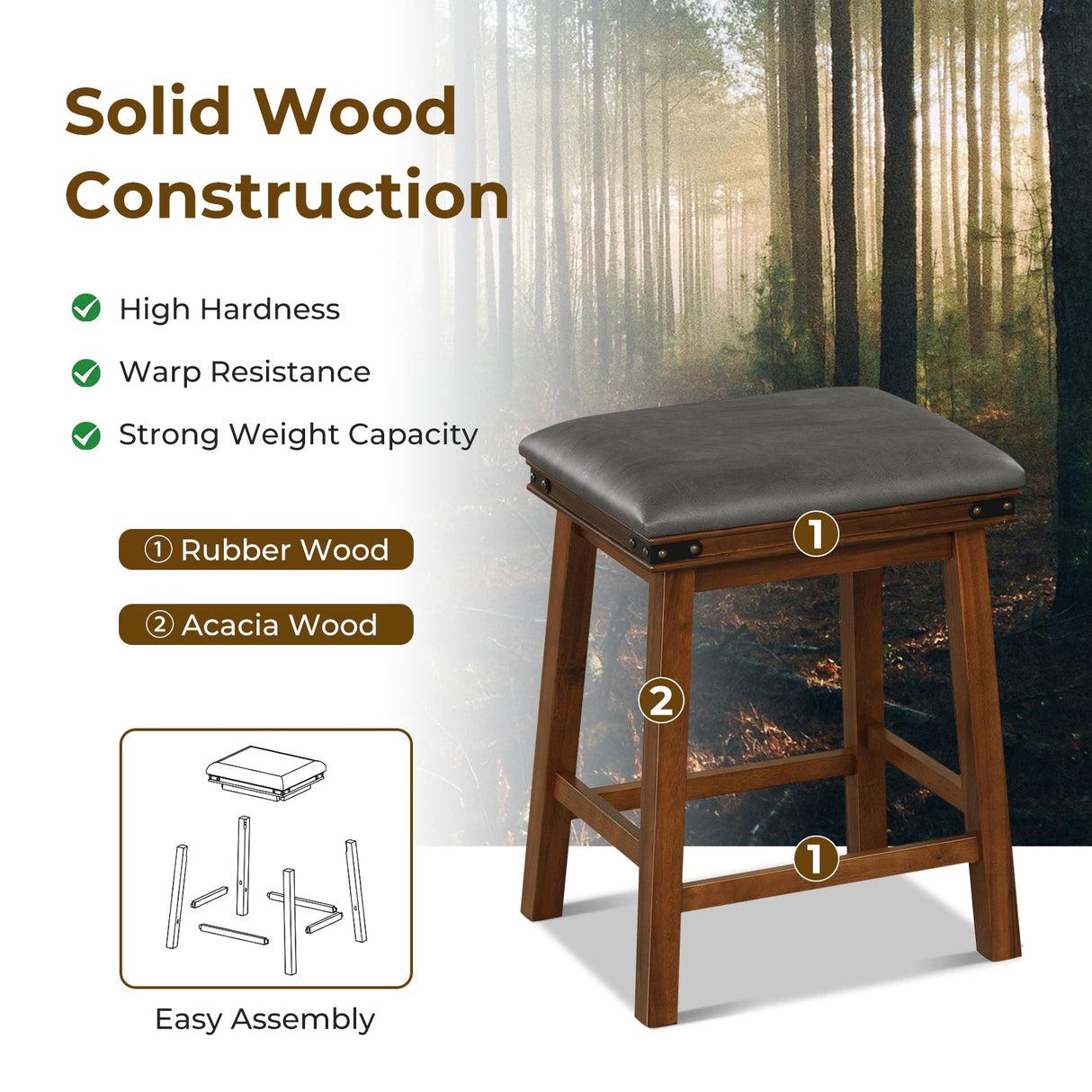 Set of 2 24/30 Inch Dining Bar Stool with Rubber Wood