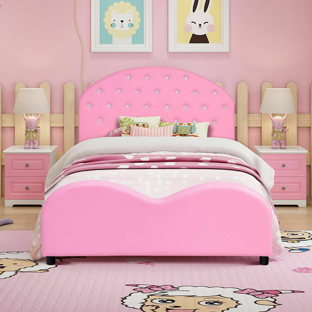 Cama infantil de plataforma tapizada tamaño Twin con soporte de listones de madera