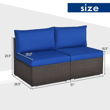 Juego de sofá de ratán para patio de 2 piezas sin reposabrazos con 2 cojines y 2 almohadas
