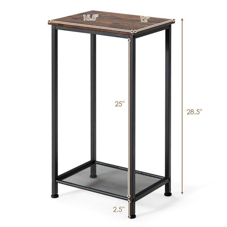 Mesa auxiliar industrial de 2 niveles con estantes de almacenamiento de malla metálica