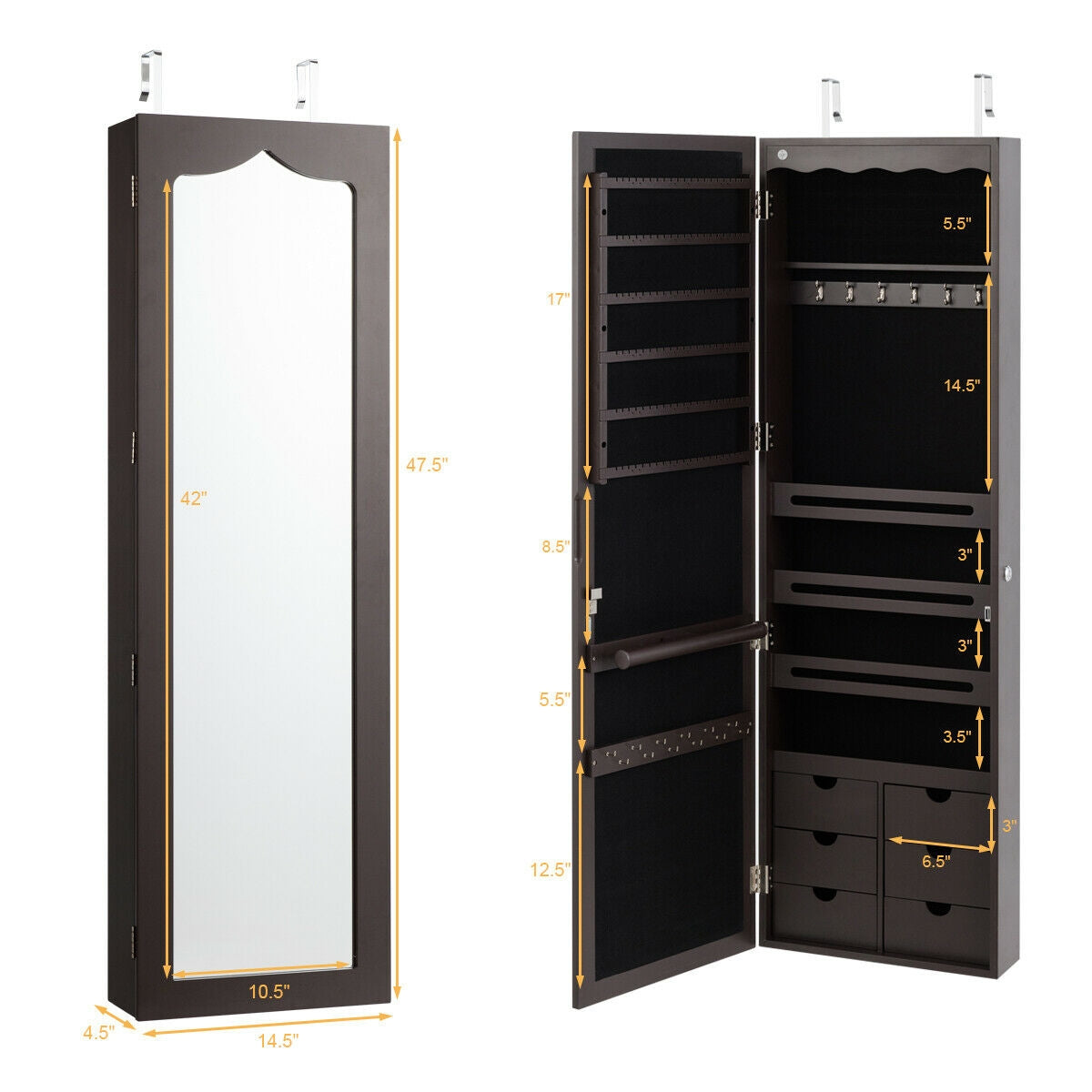 Gabinete para joyas tipo armario con espejo y cerradura de 5 LED y 6 cajones - Marrón