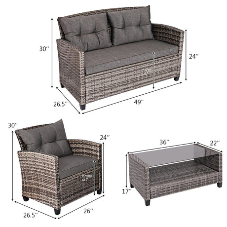 Juego de muebles de patio de ratán de 4 piezas con mesa de centro y sofá acolchado - Gris