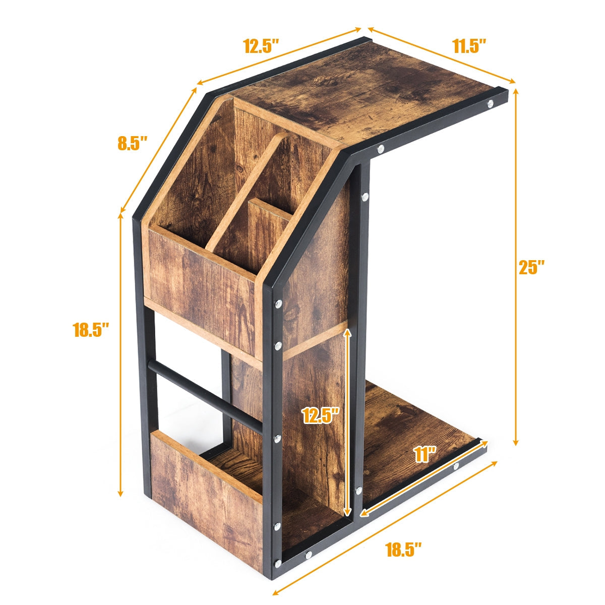 Mesa auxiliar industrial en forma de C con espacio de almacenamiento