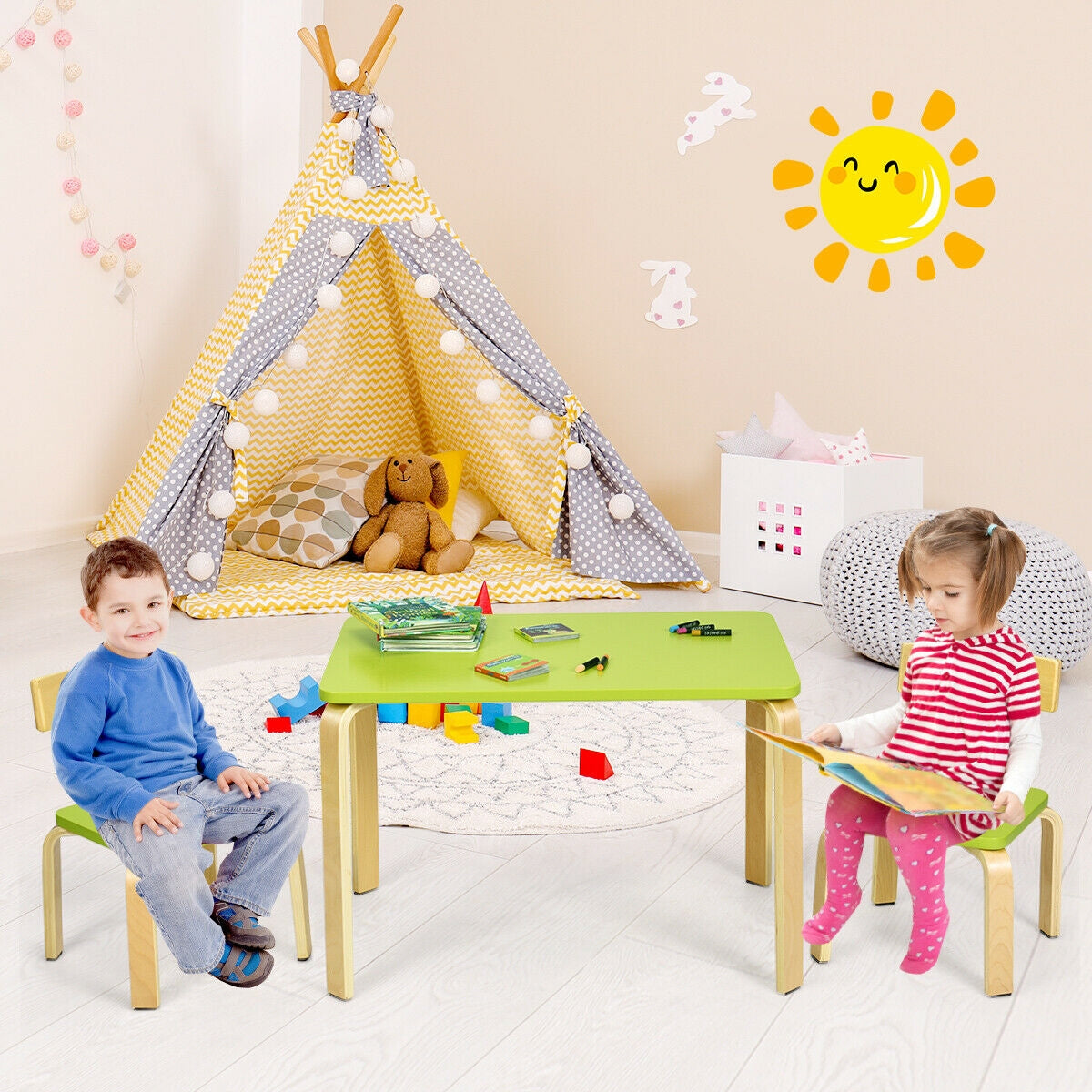 Juego de mesa y 2 sillas de madera de 3 piezas para niños