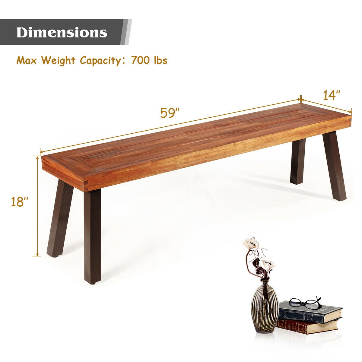 Banco de comedor de madera de acacia para patio con patas de acero
