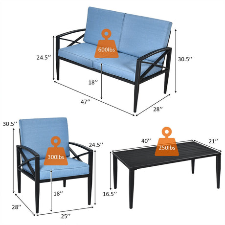 Juego de muebles de patio de 4 piezas con estructura de aluminio y sofá acolchado
