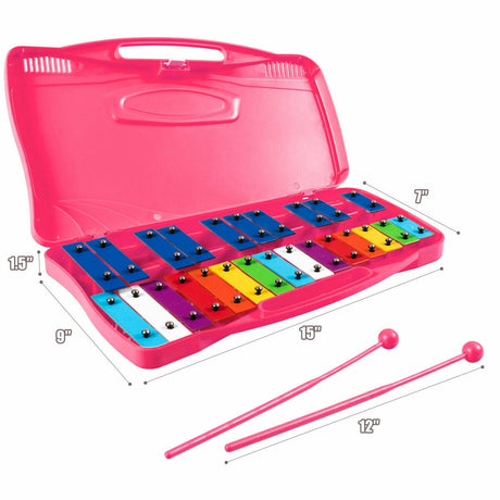 Glockenspiel de 25 notas para niños, xilófono cromático de metal - Rosa