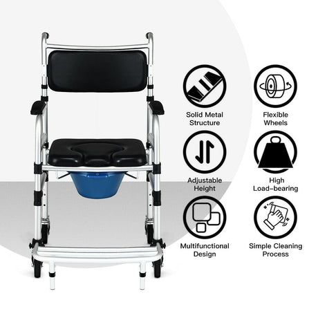 Silla de ruedas de aluminio 2 en 1 para ducha e inodoro con ruedas con bloqueo
