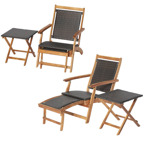 Set de 2 tumbonas plegables de ratán para patio con mesa de madera de acacia