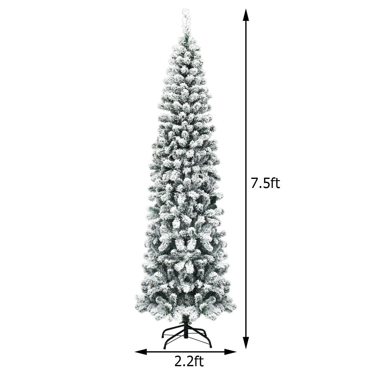 Árbol de Navidad artificial angosto de 2.28 m con bisagras, sin luces, efecto nieve y 641 puntas