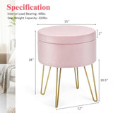 Taburete otomano redondo de terciopelo con almacenamiento, reposapiés, silla de tocador con patas de metal