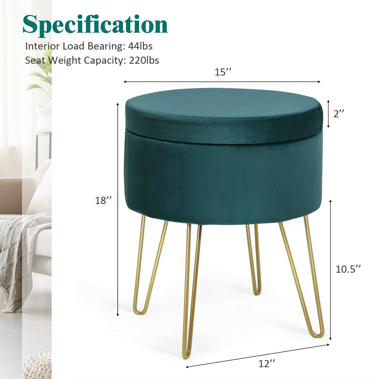 Taburete otomano redondo de terciopelo con almacenamiento, reposapiés, silla de tocador con patas de metal