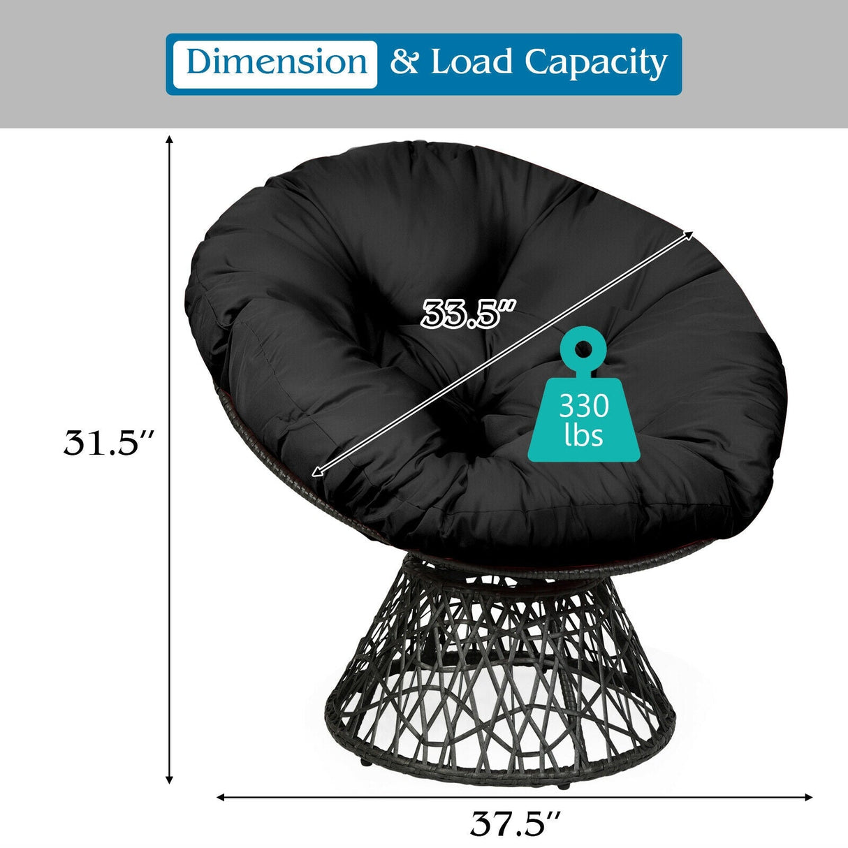 Sillón Papasan de Ratán Ergonómico Giratorio 360 Grados Cojín Suave para Jardín