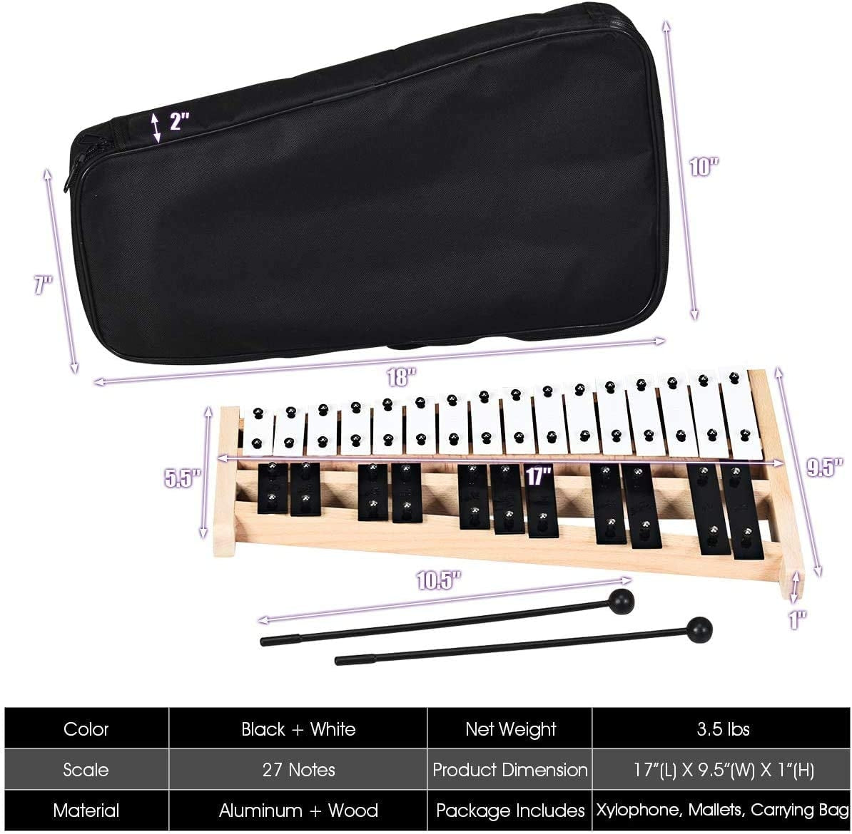 Glockenspiel Xilófono de 27 Notas con 2 Mazos de Goma