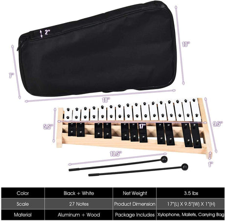 Glockenspiel Xilófono de 27 Notas con 2 Mazos de Goma