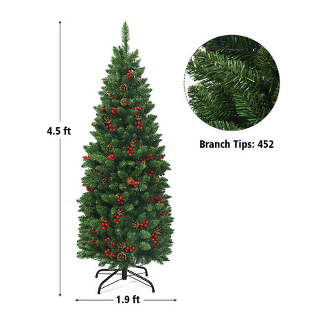 Árbol de Navidad estrecho preiluminado de 4.5 pies con bisagras, piñas, bayas rojas y 150 luces