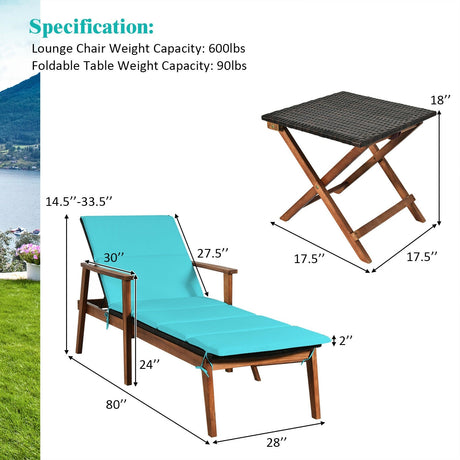 Juego de 3 Sillones Reclinables Portátiles de Ratán Acolchados para Patio con Mesa Plegable