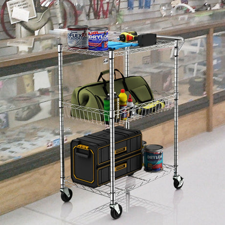 Carro de almacenamiento de 3 niveles con barra de mango y estantes ajustables