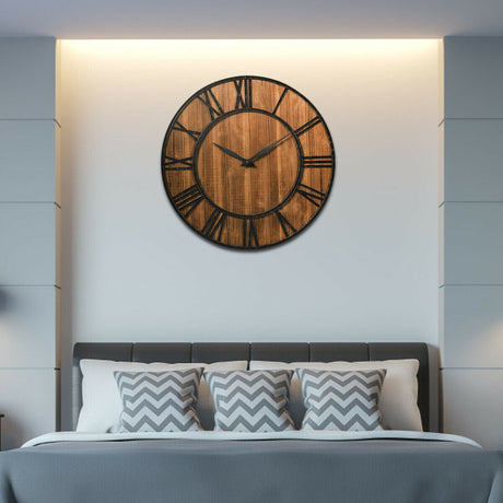 Reloj de Pared Redondo de 27 Pulgadas, Decorativo de Madera, Silencioso, con Batería