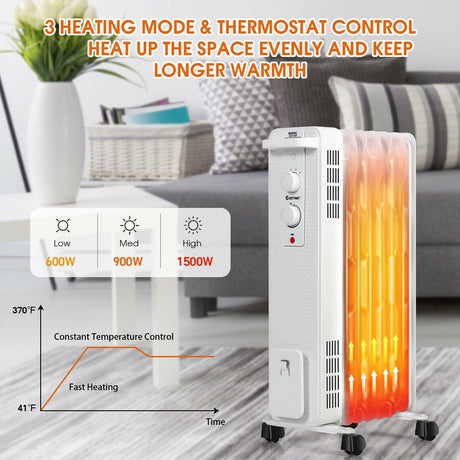 Calefactor de aceite de 1500 W, radiador portátil con termostato ajustable
