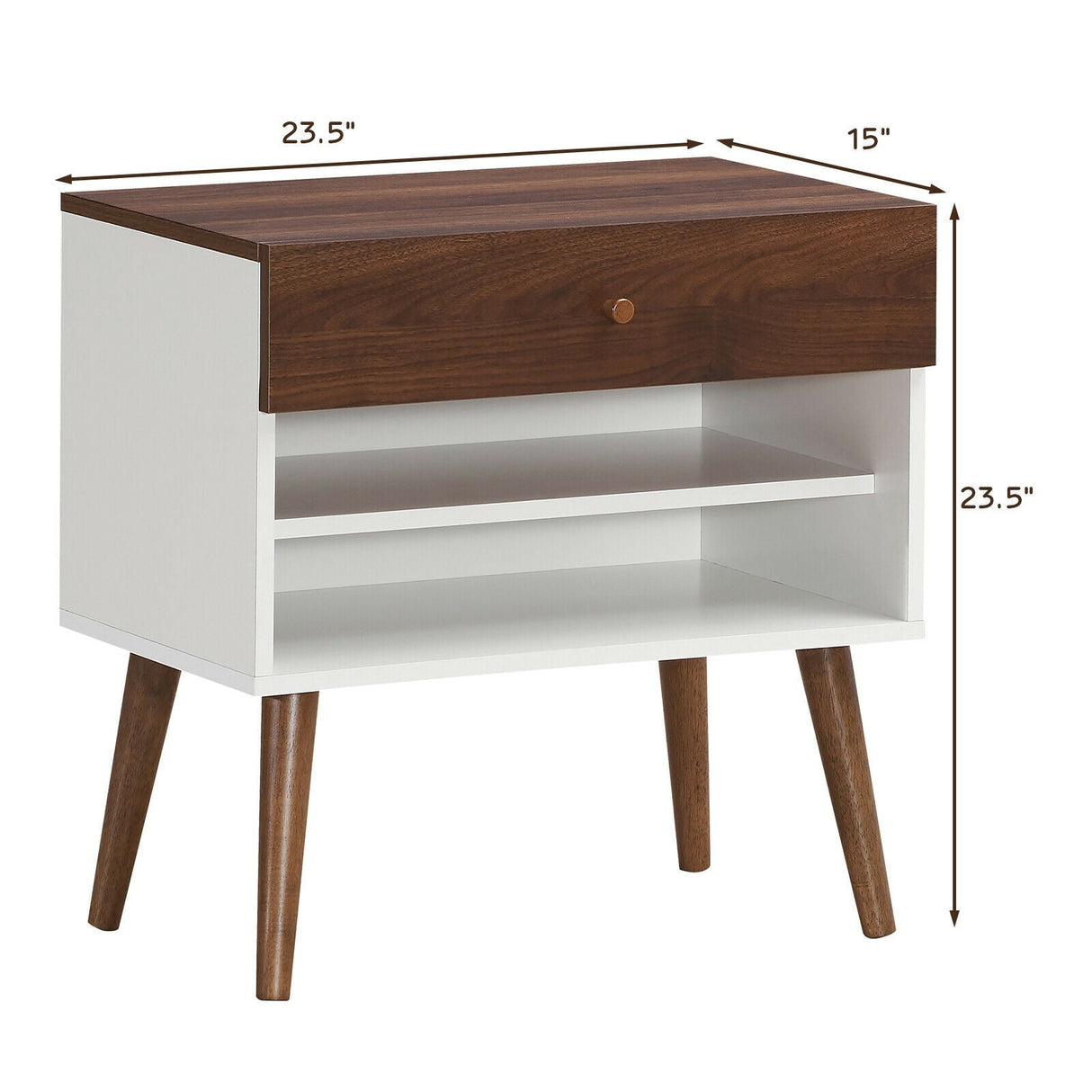 Mesita de Noche Mid-Century con Cajón y Patas de Madera de Caucho
