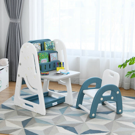 Juego de silla y caballete 2 en 1 para niños con estante para libros y tablero de arte ajustable