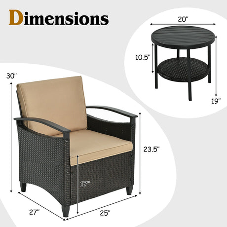 Juego de muebles de ratán para patio de 3 piezas, sofá acolchado, mesa de almacenamiento con estante para jardín