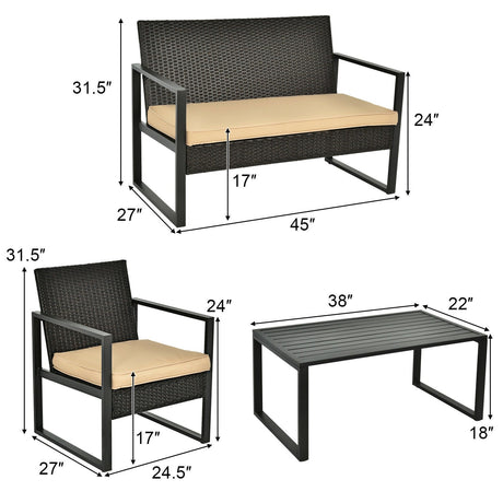 Juego de muebles de ratán para patio de 4 piezas con cojines de asiento y mesa de centro