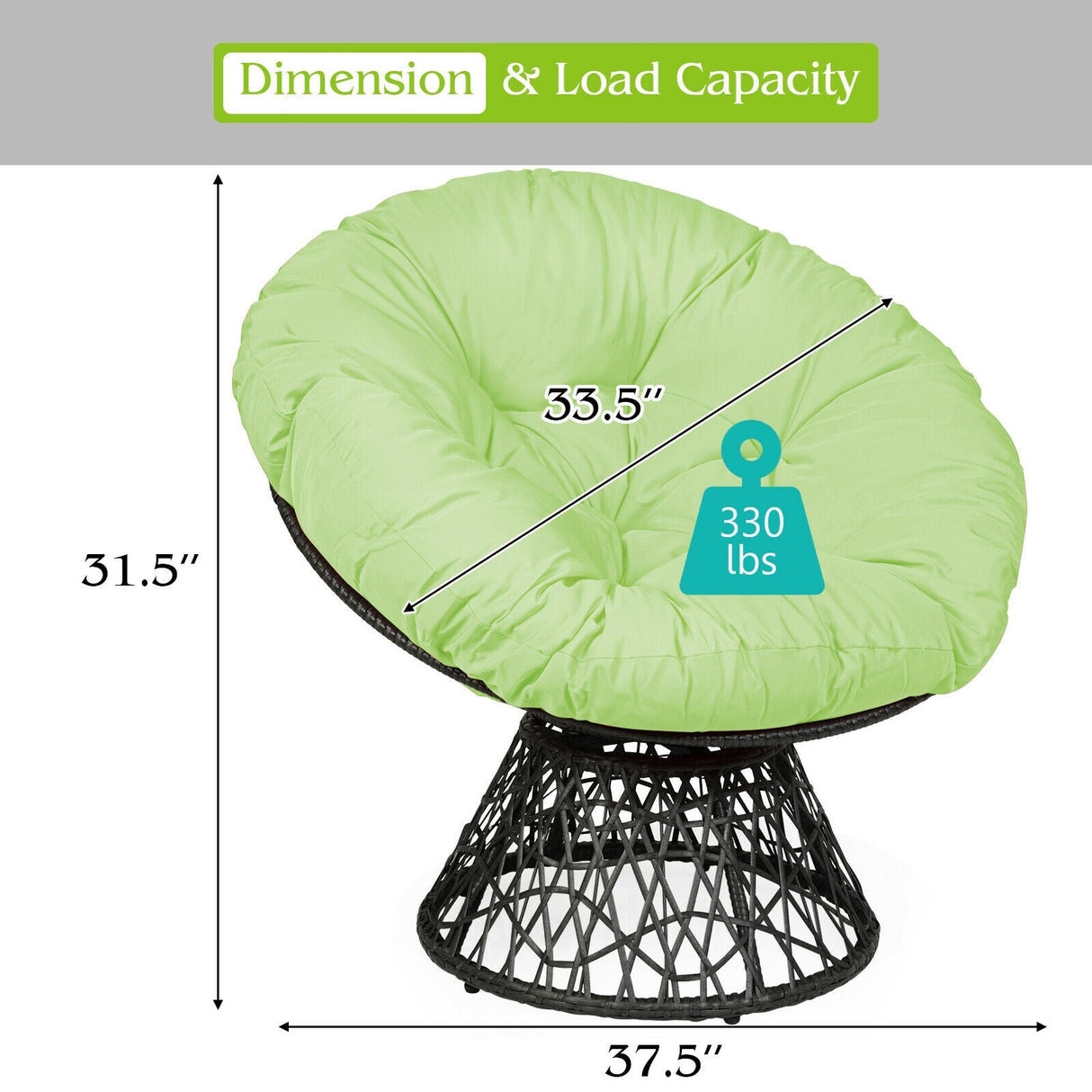 Sillón Papasan de Ratán Ergonómico Giratorio 360 Grados Cojín Suave para Jardín