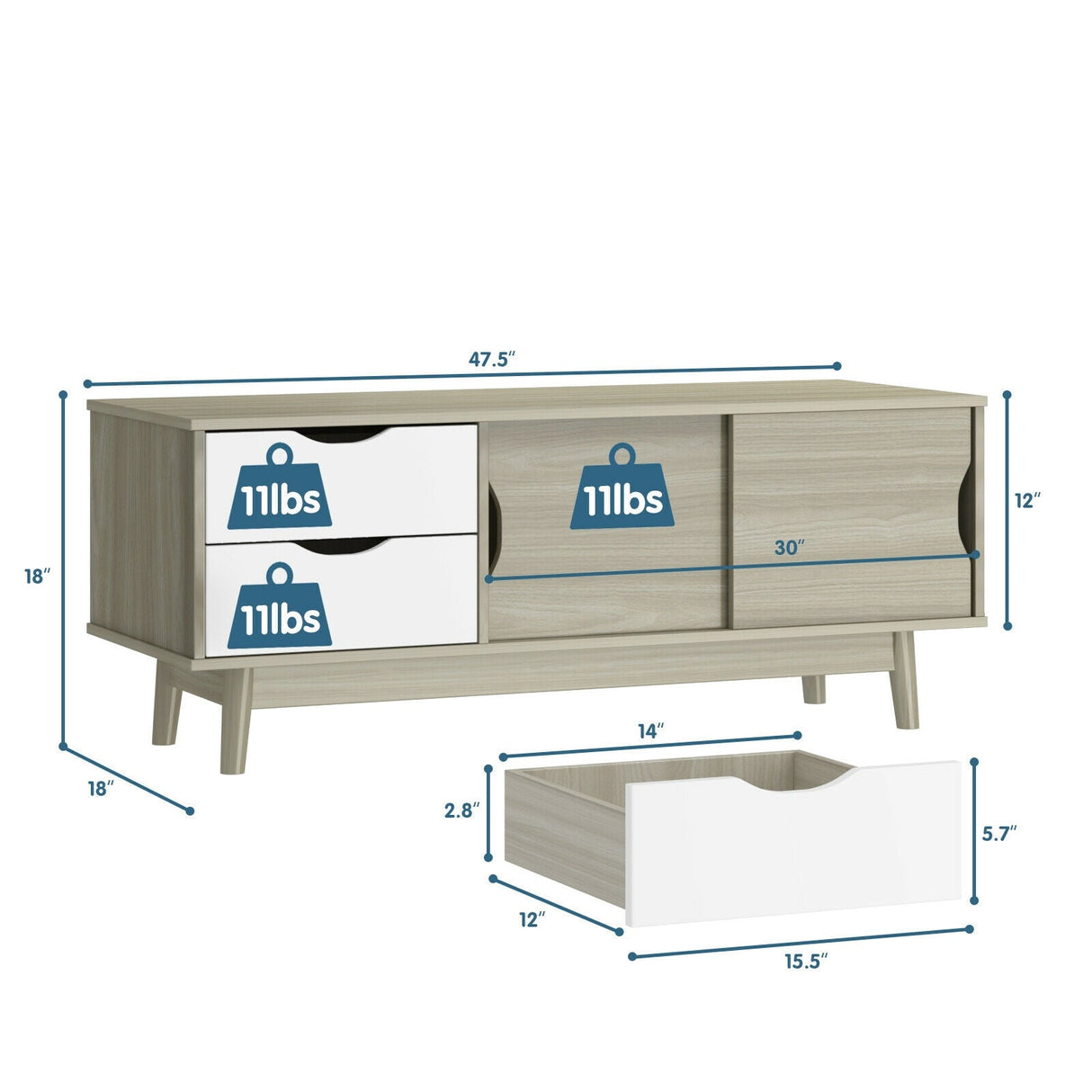 Mueble de TV para televisores de hasta 60 pulgadas, mesa consola multimedia con almacenamiento con puertas