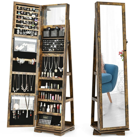 Gabinete de joyas con espejo de cuerpo entero, 2 en 1, giratorio 360° y con cerradura