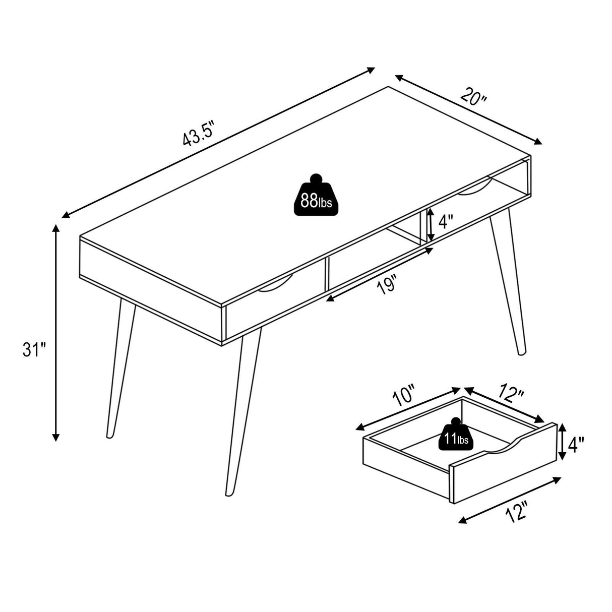 Escritorio de computadora elegante con 2 cajones y patas de madera maciza