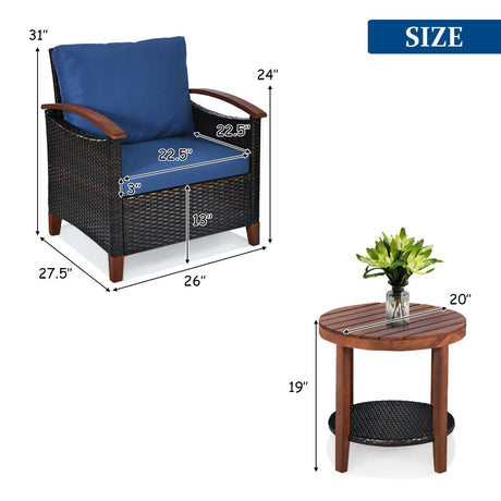 Juego de muebles de patio de ratán de 3 piezas con cojines lavables y tablero de mesa de madera de acacia