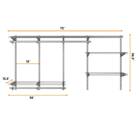 Kit organizador de sistema de armario de pared de 0,9 a 1,8 m con barra para colgar - Gris