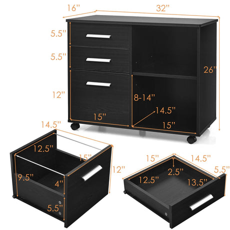 Archivador lateral móvil de 3 cajones con soporte para impresora