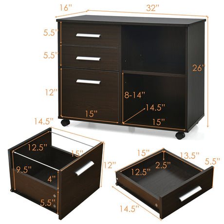 Archivador lateral móvil de 3 cajones con soporte para impresora