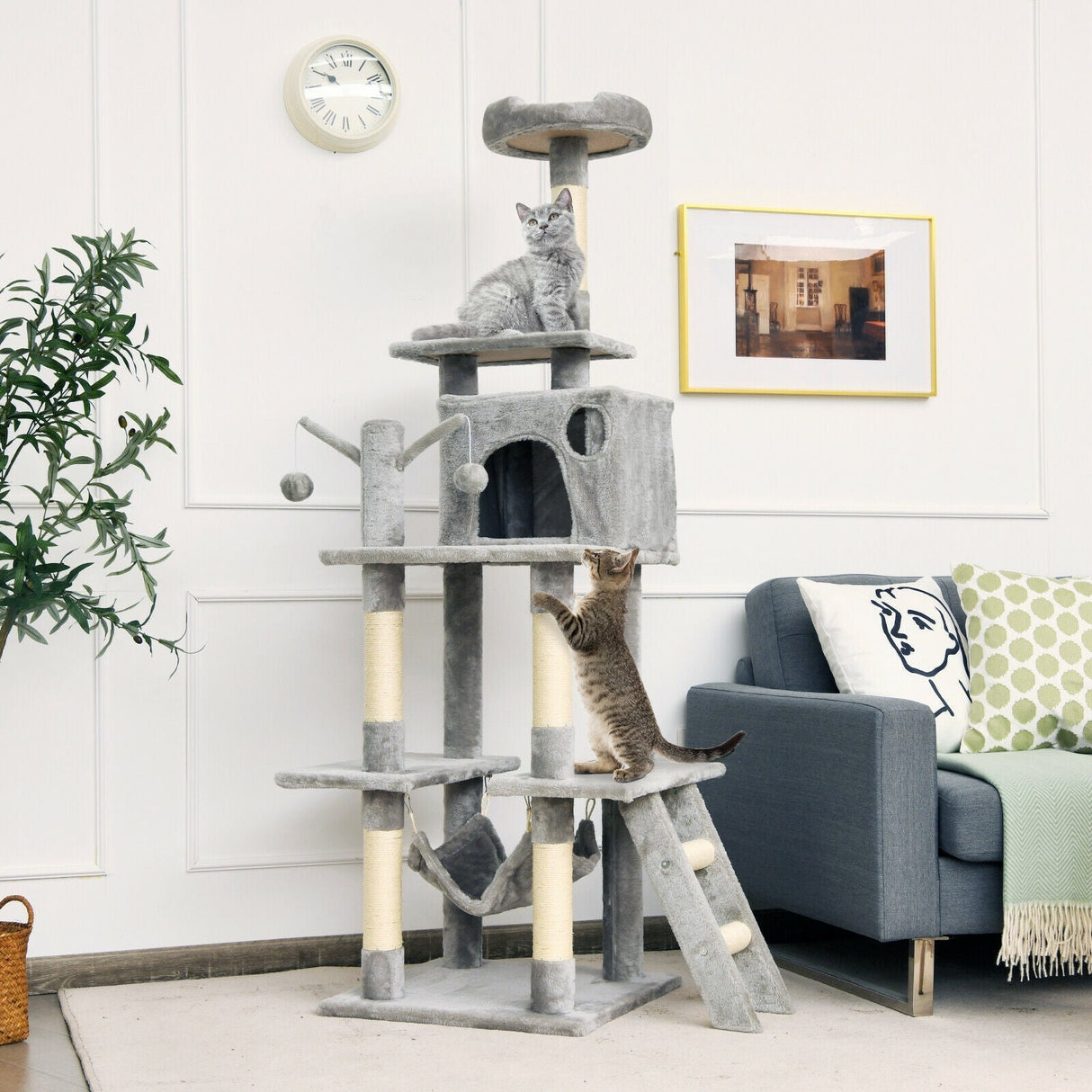 Árbol para gatos de 66 pulgadas, condominio, centro de actividades multinivel para gatitos - Gris