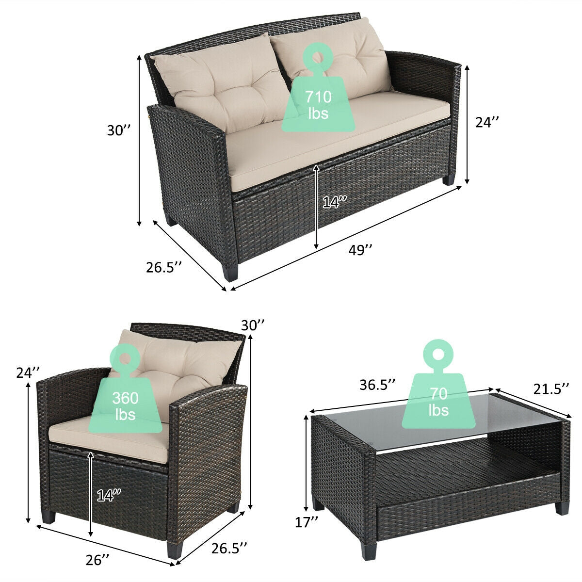 Juego de muebles de ratán para exterior de 4 piezas con mesa de cristal