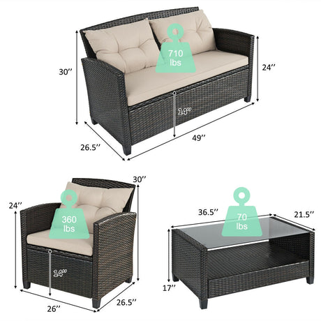 Juego de muebles de ratán para exterior de 4 piezas con mesa de cristal