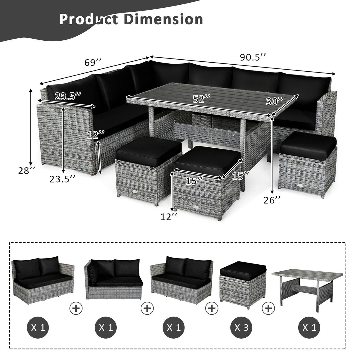7 Pieces Patio Rattan Dining Furniture Sectional Sofa Set with Wicker Ottoman
